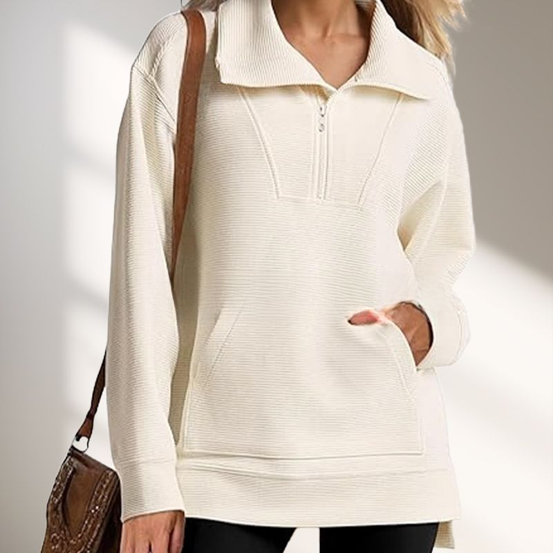 Women’s Casual Half-zip Lapel Pullover Tops with High-low Hem-1