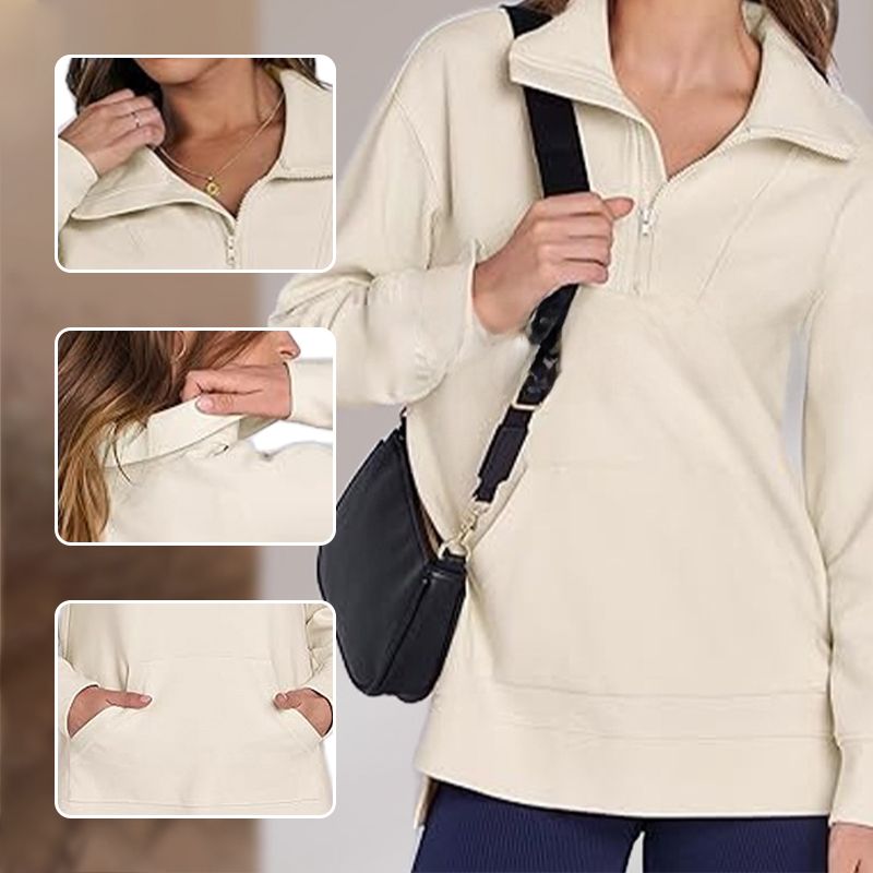 Women’s Casual Half-zip Lapel Pullover Tops with High-low Hem-2