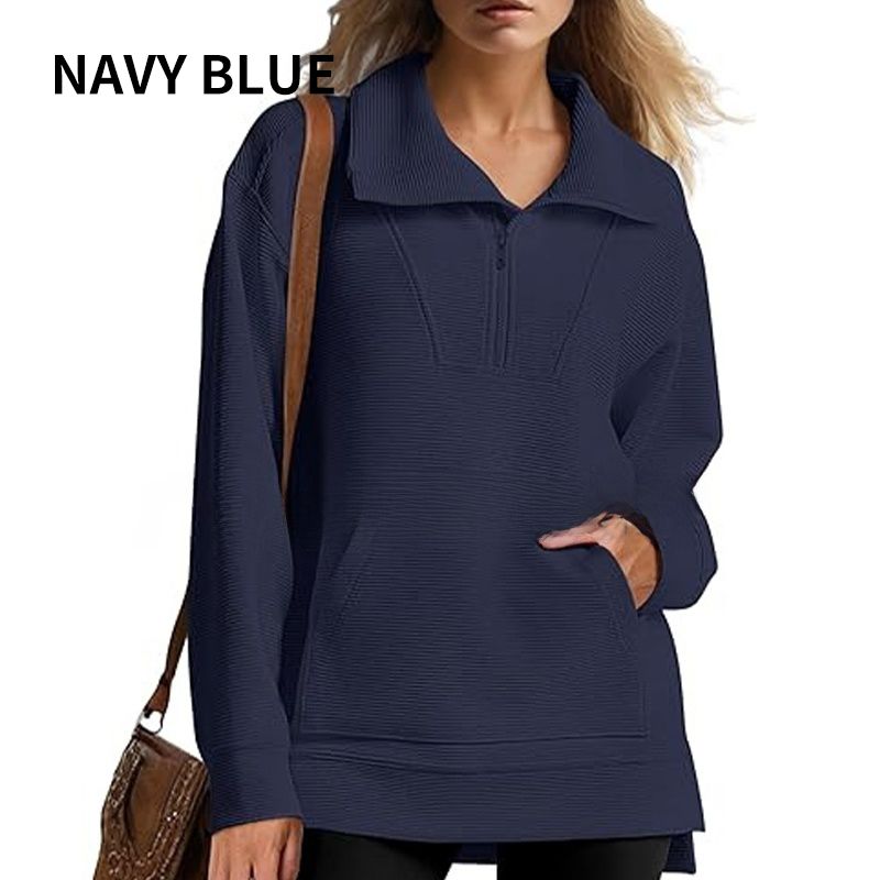 Women’s Casual Half-zip Lapel Pullover Tops with High-low Hem-11