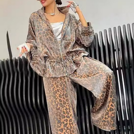 🎅Christmas Pre-sale🎁Women's Lapel Mid Sleeve Leopard Print(2-Piece Suit)