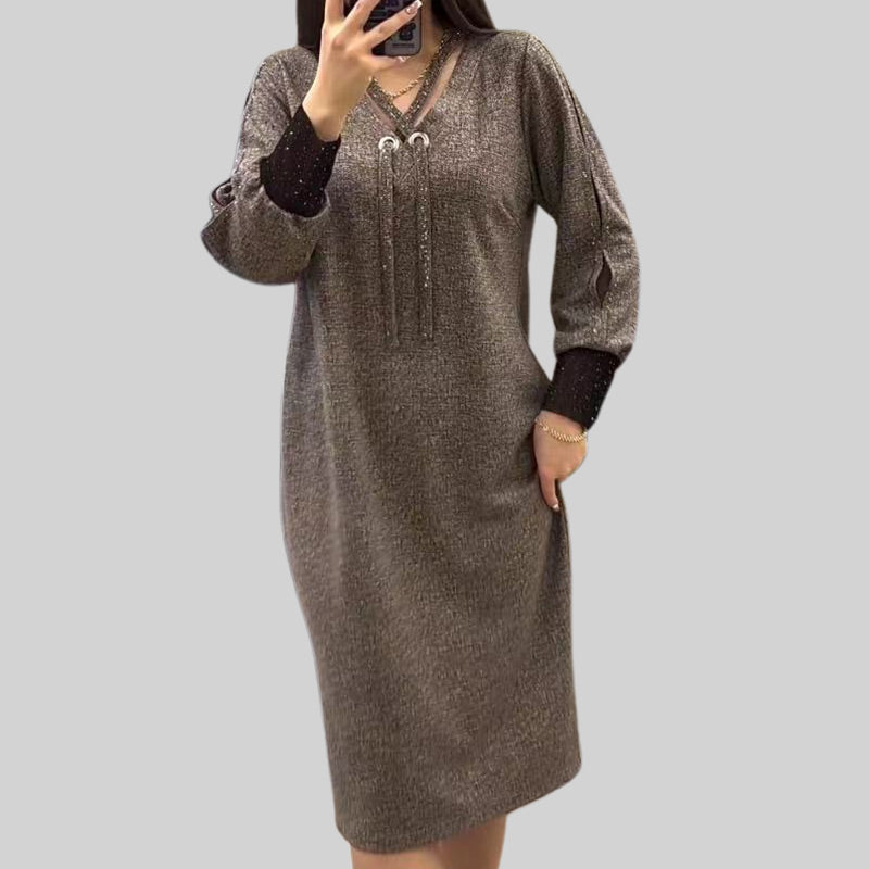 🔥Women's V-Neck Long Sleeve Drawstring Dress-1