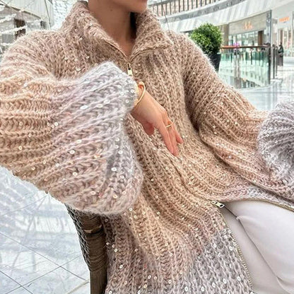 🎅Christmas Pre-sale🎁Knitted Sweater Jacket With Monochromatic Sequins